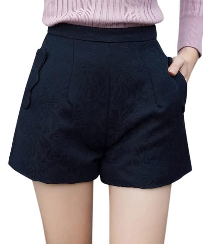 Women High Waist Floral Jacquard Two Pockets Padded Shorts
