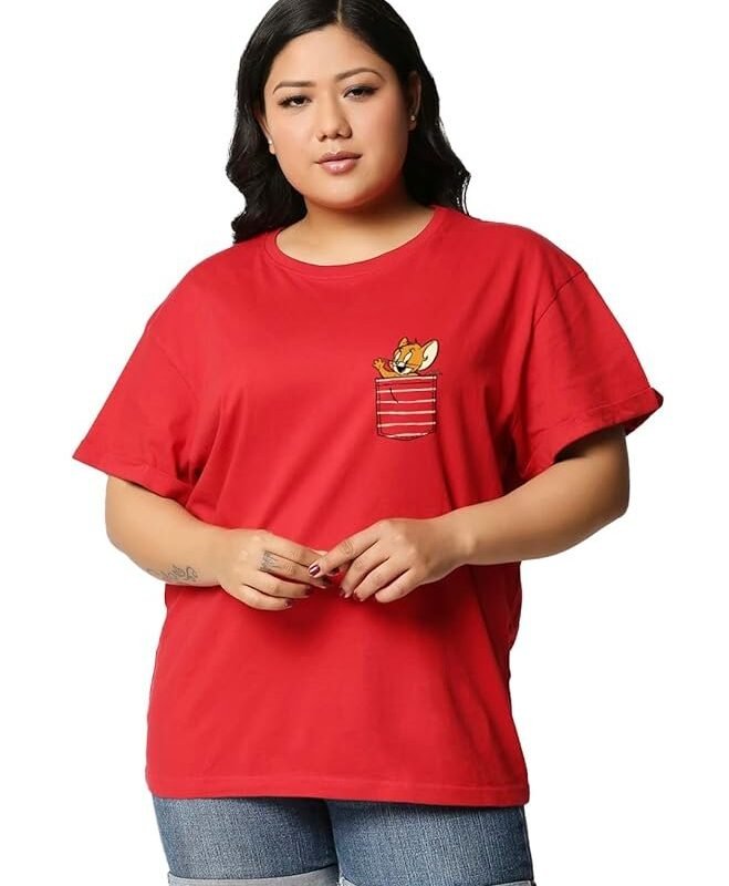 Official Tom & Jerry Merchandise Women's 100% Cotton Graphic Print Boyfriend Fit Round Neck Plus Size T-Shirt