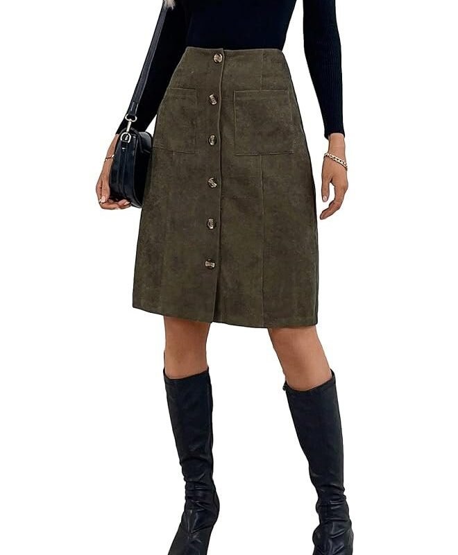 Women's High Waist Button Front Corduroy Midi Skirt Casual Skirts