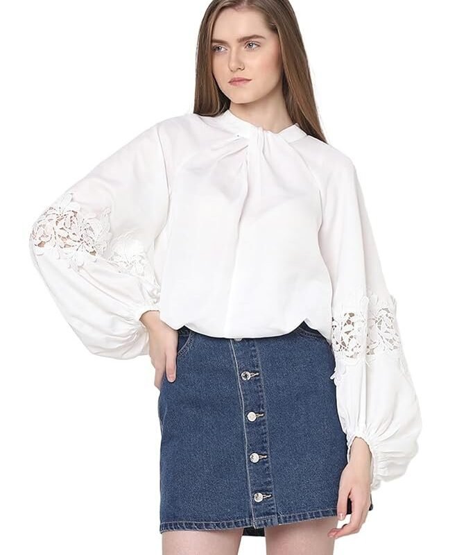 VERO MODA Tie-Up Neck Puff Sleeves Gathered Lace Detail Top
