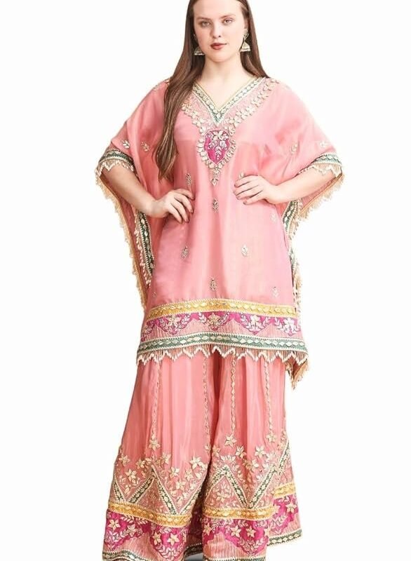 Traditional Embroidered Kaftan Palazzo Set, Pink, V-Neck with Fringe Details, Floral Embellished