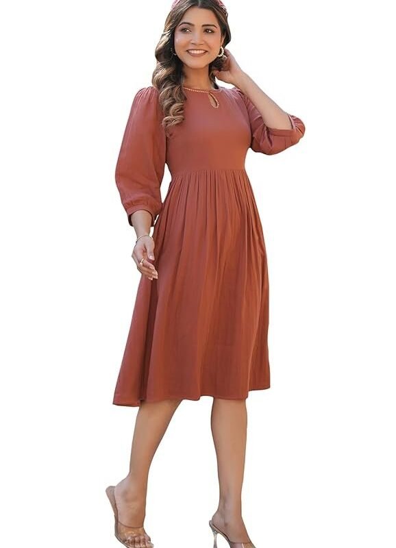 Women's Rust Orange Pure Cotton Solid Fit & Flare Dress