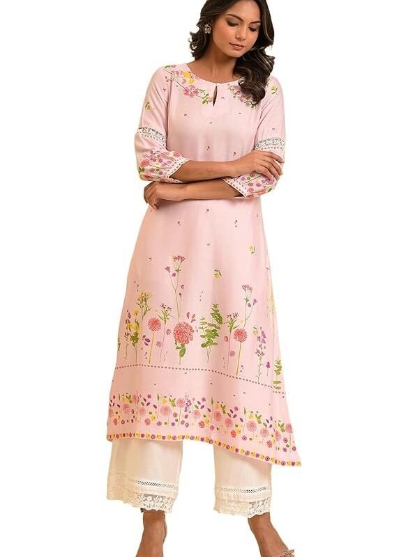 W for Woman Light Pink Floral Printed Summer Kurta