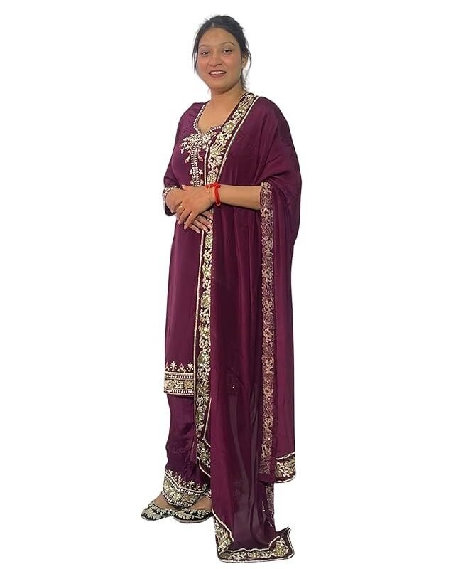 Women Embroidered Salwar Suit Set | Salwar Suit Fully Hand Work Embroidered | Punjabi Suit with Dupatta Set, Crepe with Polester Blend Fabric | Ethnic Wear & Stylish Suits | Maroon Color
