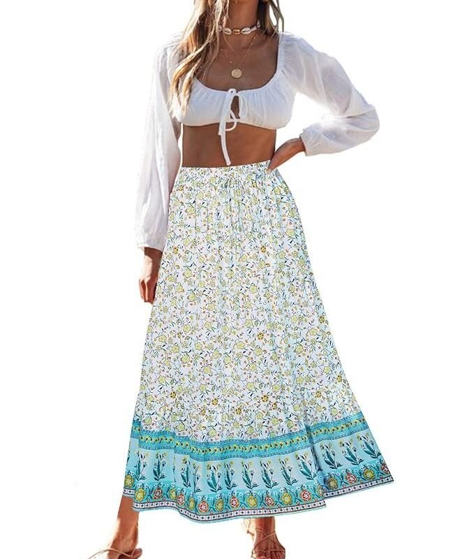 Women's 2023 Bohemian Floral Printed Elastic Waist A Line Maxi Skirt with Pockets, Lake Blue, Small