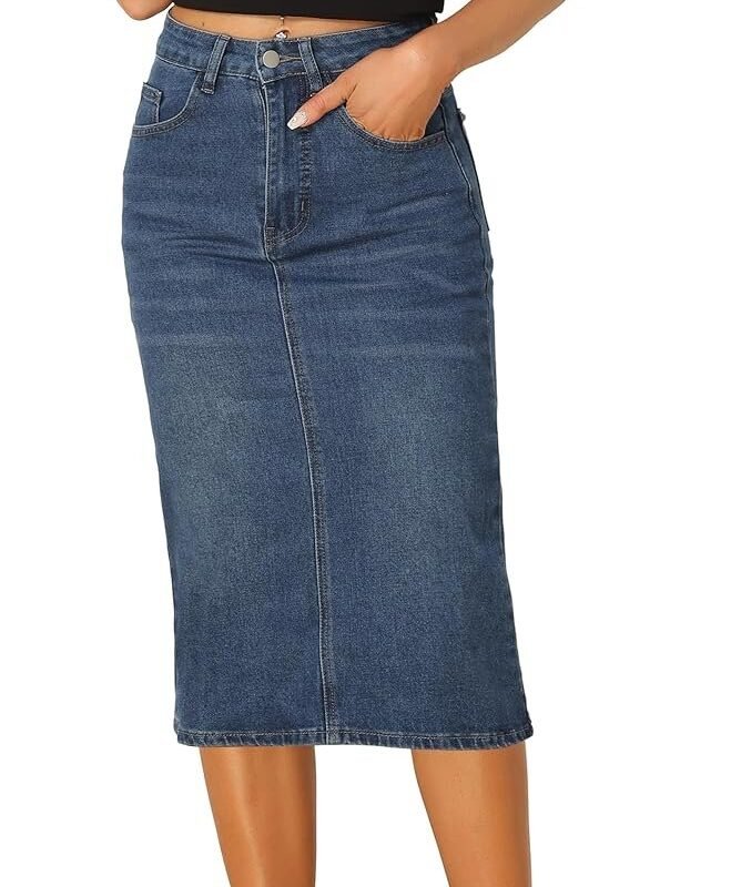 Casual Denim Skirt for Women's High Waist Split Back Pockets Midi Jean Skirts