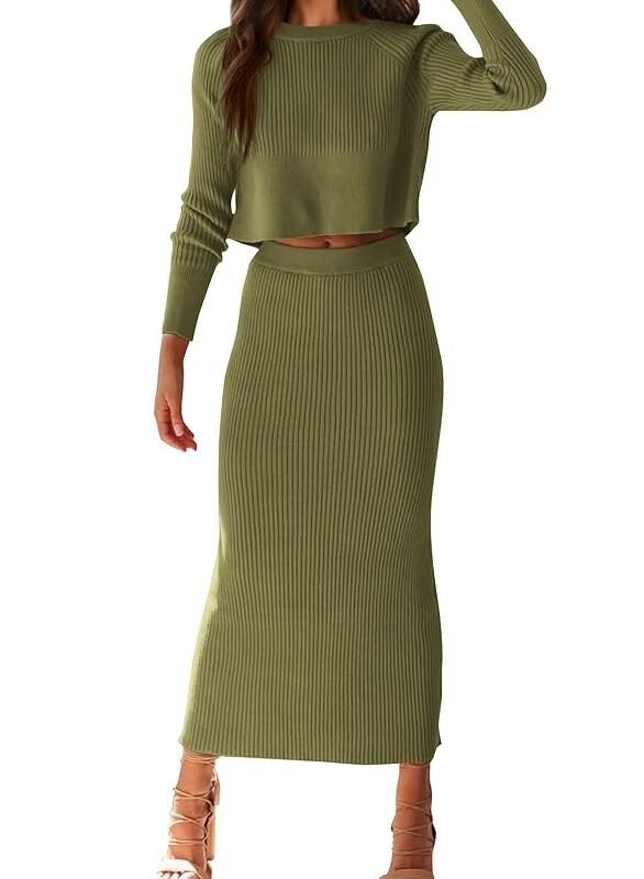 Women's Fall 2 Piece Sweater Set Rib Knit Long Sleeve Crop Top Maxi Bodycon Skirt Casual Winter Outfits