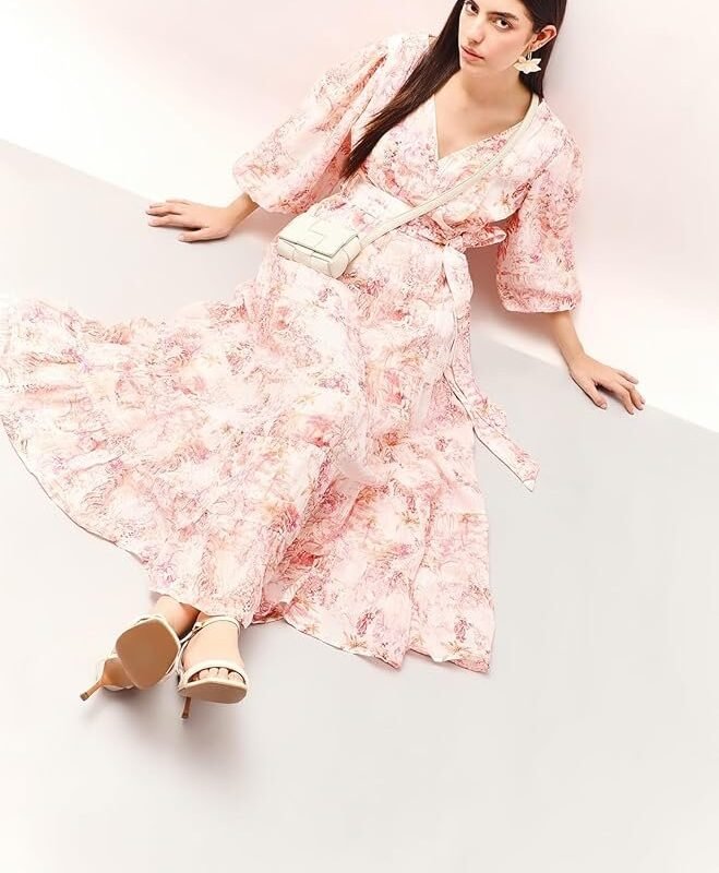 VERO MODA Floral Print Bishop Sleeve Layered Fit & Flare Maxi Dress