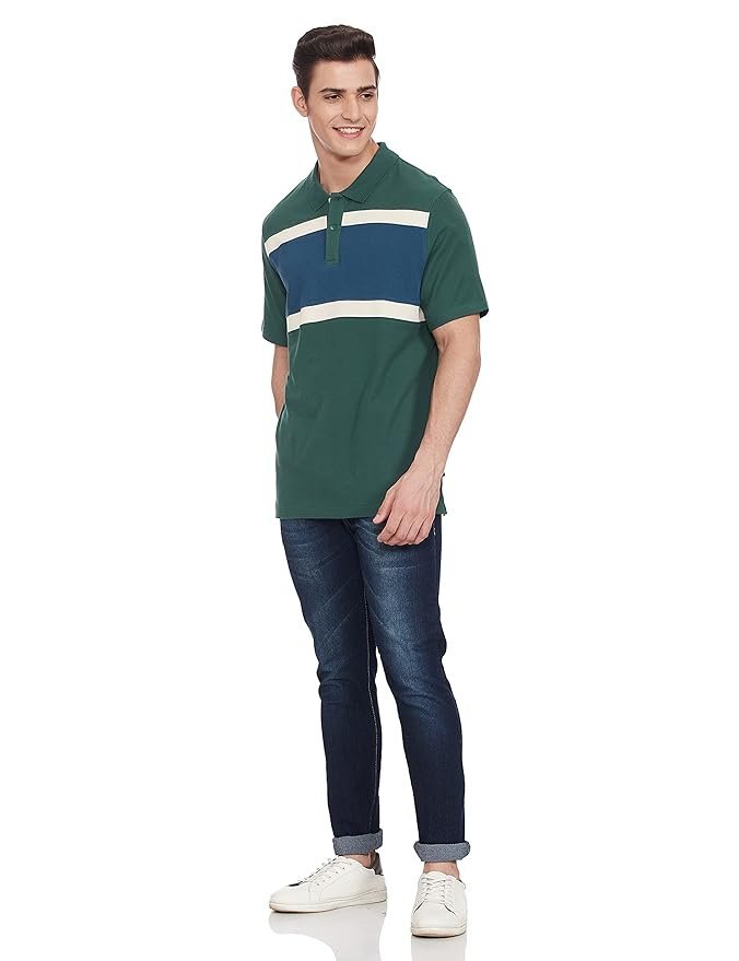 Marks & Spencer Mens Striped Cotton Polo Neck Regular Fit T-Shirt - Image 3