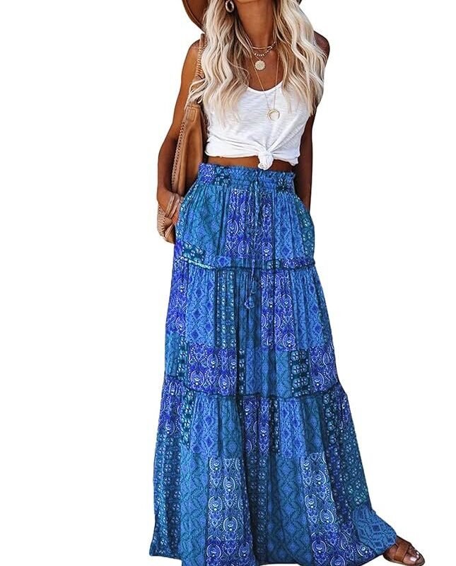 Womens Casual High Waist Tiered Paisley Print Long Maxi Skirt with Pockets, Blue, X-Large