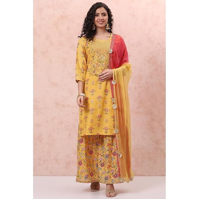 Rangriti Women Polyester Printed Yellow Suit Set - Image 7
