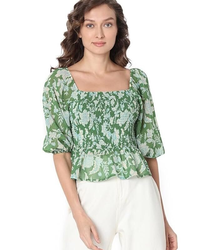 VERO MODA Floral Printed Puff Sleeve Cinched Waist Crop Top