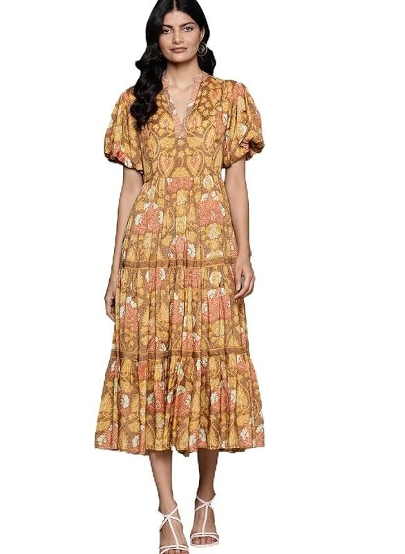 Kumar Yellow Paisley Print Long Dress