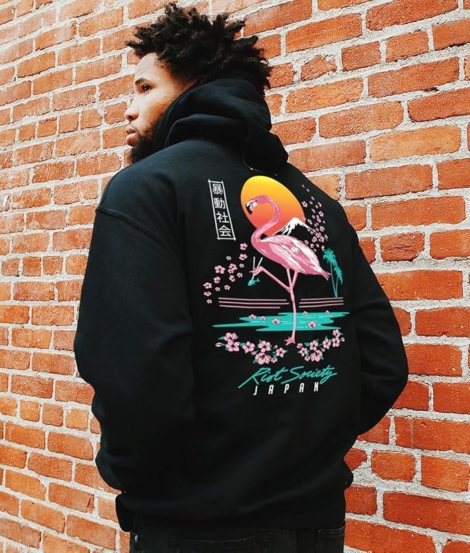 Society Flamingo Blossom Mens Hoodie - Black - Image 3