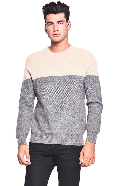 3VERY Men's Women's Unisex 100% Cashmere Cozy 2-Tone Round Neck