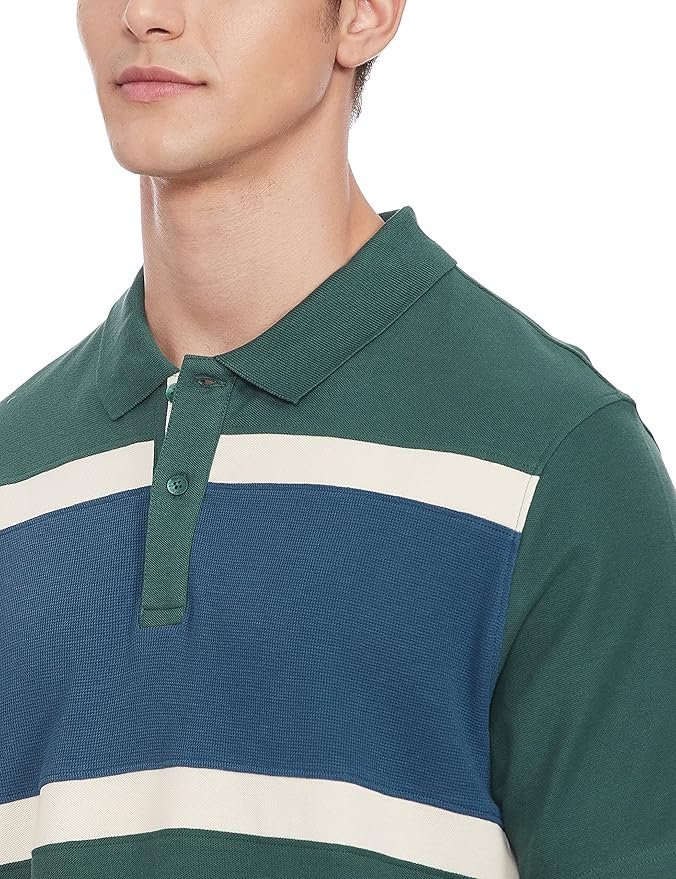 Marks & Spencer Mens Striped Cotton Polo Neck Regular Fit T-Shirt - Image 4