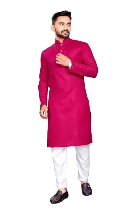 Mens' Cotton Straight Zari Lining Kurta (in, Alpha, XS, Rani)